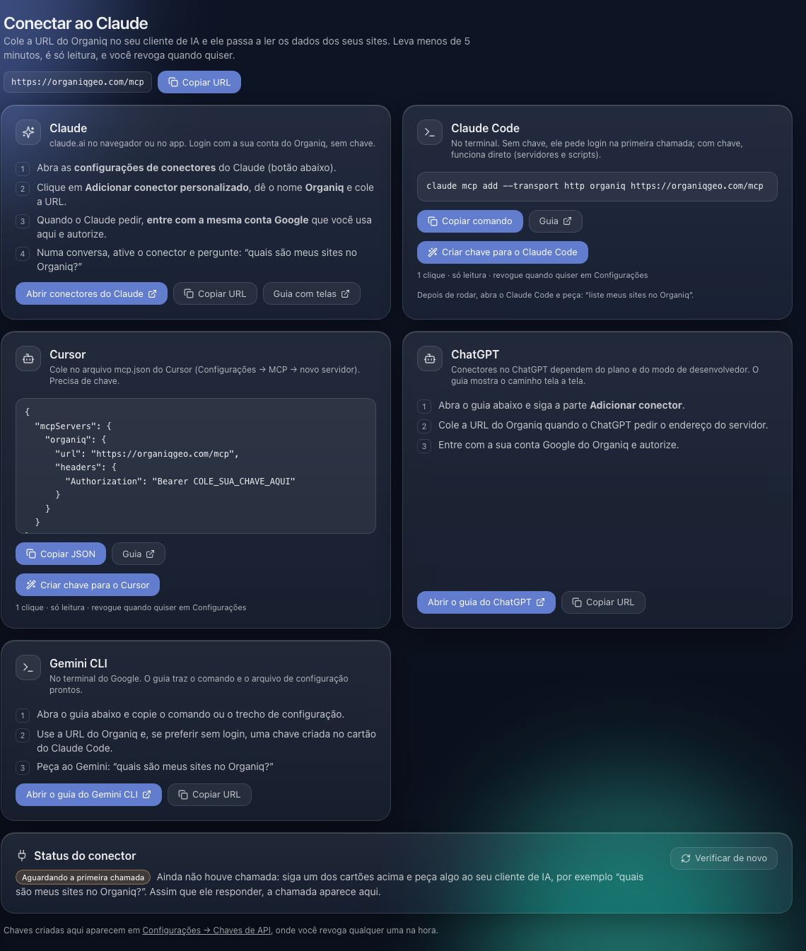 Organiq onboarding: step 1 "Connect Search Console", step 2 properties, step 3 history arriving